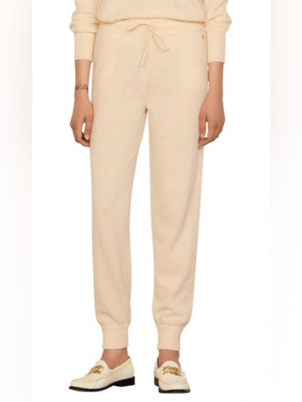 Sandro 100% Cashmere Ecru Drawstring Track Joggers Flawed